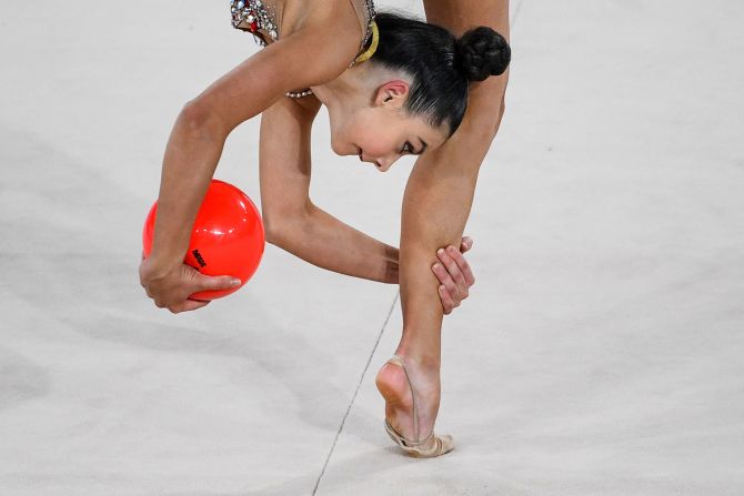 Lala Kramarenko, a rhythmic gymnast from Russia, competes during Alina Kabaeva's Champions Cup in Moscow on Friday, February 7.