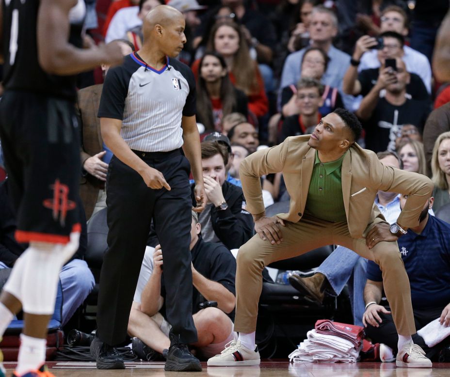 Houston's Russell Westbrook looks at referee CJ Washington after a foul call on Tuesday, February 4. Westbrook sat out the game against Charlotte because of a sprained thumb.