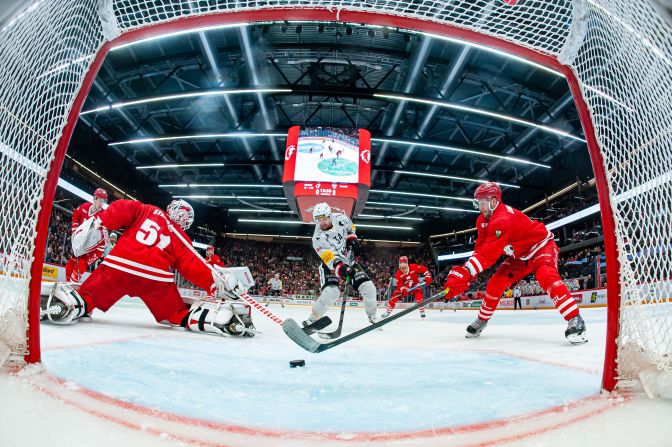 Daniel Brodin, a winger with Swiss hockey team Fribourg-Gotteron, scores a goal against Lausanne on Saturday, February 8.