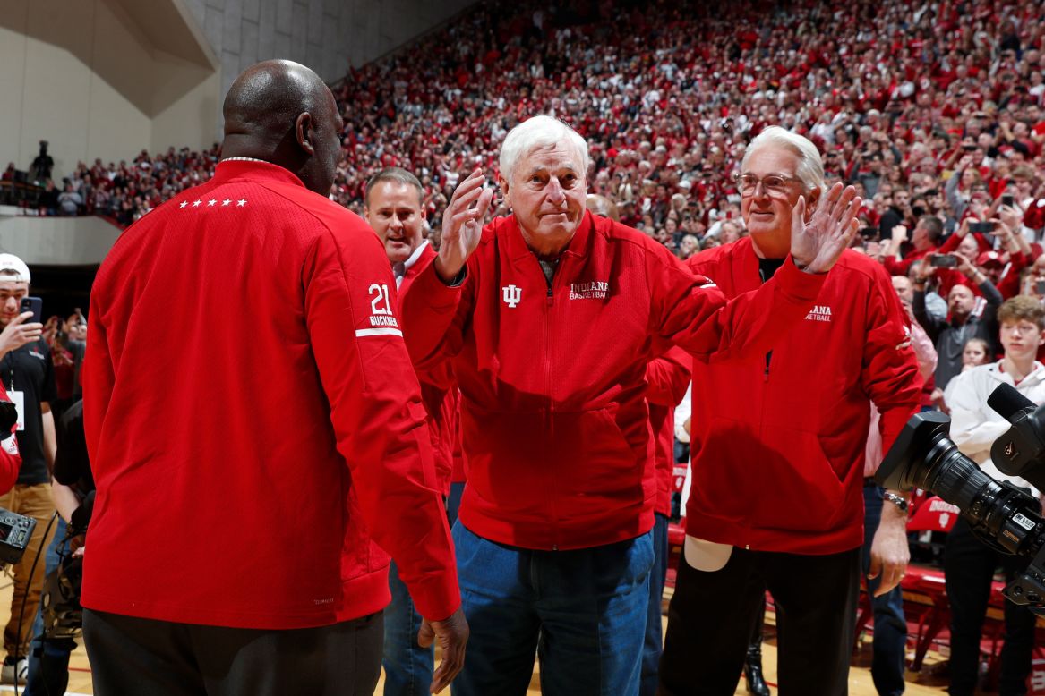 Former Indiana basketball coach Bob Knight waves to fans on Saturday, February 8, after <a href="https://www.cnn.com/2020/02/09/us/bob-knight-indiana-university-bloomington-return/index.html" target="_blank">returning to the school</a> for the first time since his firing 20 years ago. Knight was there with players from Indiana's 1980 team, which was being celebrated at halftime of a game against Purdue.