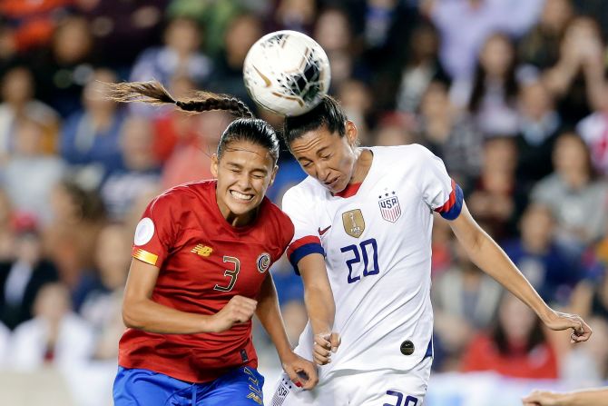Costa Rica's Maria Coto, left, and the United States' Christen Press go for a header during an Olympic qualifier on Monday, February 3. Press scored twice as the Americans won 6-0.