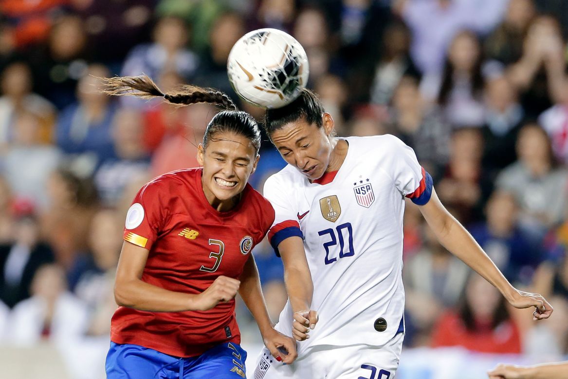 Costa Rica's Maria Coto, left, and the United States' Christen Press go for a header during an Olympic qualifier on Monday, February 3. Press scored twice as the Americans won 6-0.