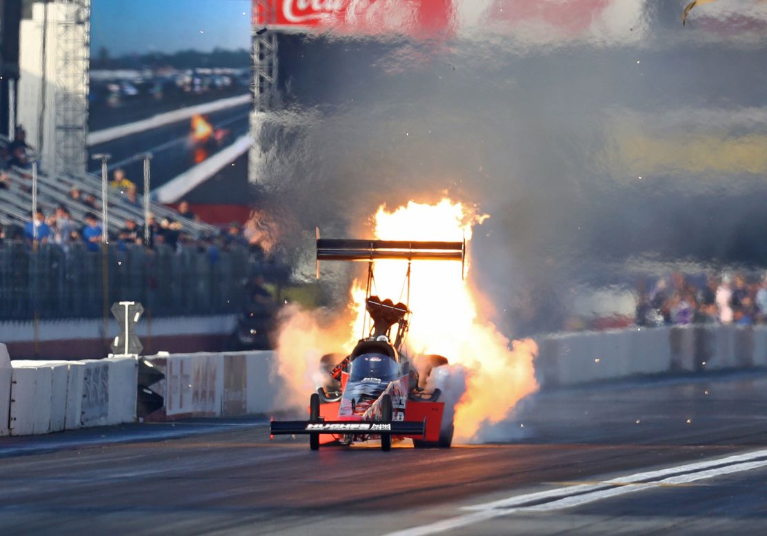 Drag racer Shawn Reed blows an engine Saturday, February 8, while qualifying for the Winternationals in Ponoma, California.