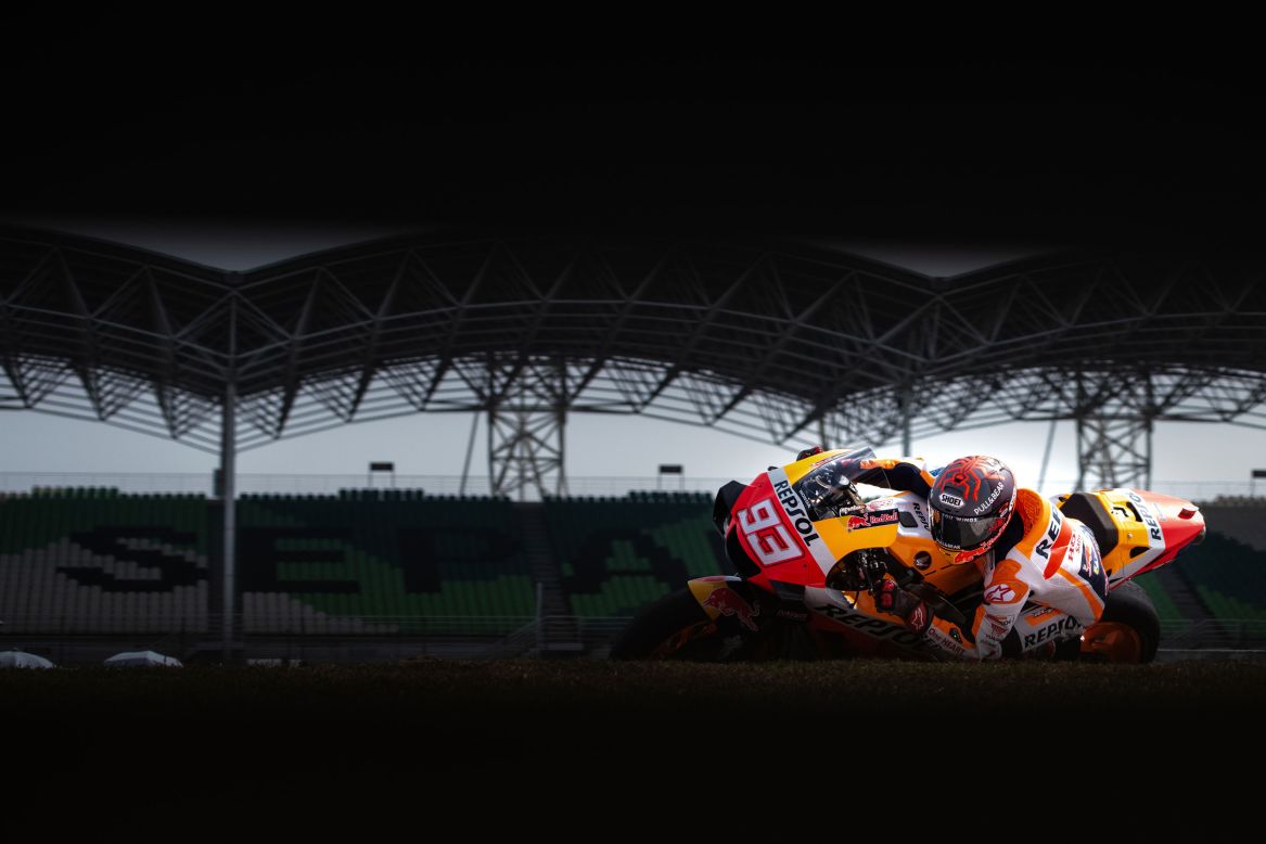 MotoGP champion Marc Marquez takes a corner during winter testing in Sepang, Malaysia, on Sunday, February 9.