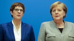 CORRECTS MONTH TO FEBRUARY --- German Chancellor Angela Merkel, right, and CDU party chairwoman and Defense Minister Annegret Kramp-Karrenbauer, left, attend a party's board meeting at the headquarters in Berlin, Germany, Monday, Feb. 10, 2020. Angela Merkel's designated successor Annegret Kramp-Karrenbauer will quit her role as head of the Germany's strongest party in summer and won't stand for the chancellorship.(AP Photo/Markus Schreiber)