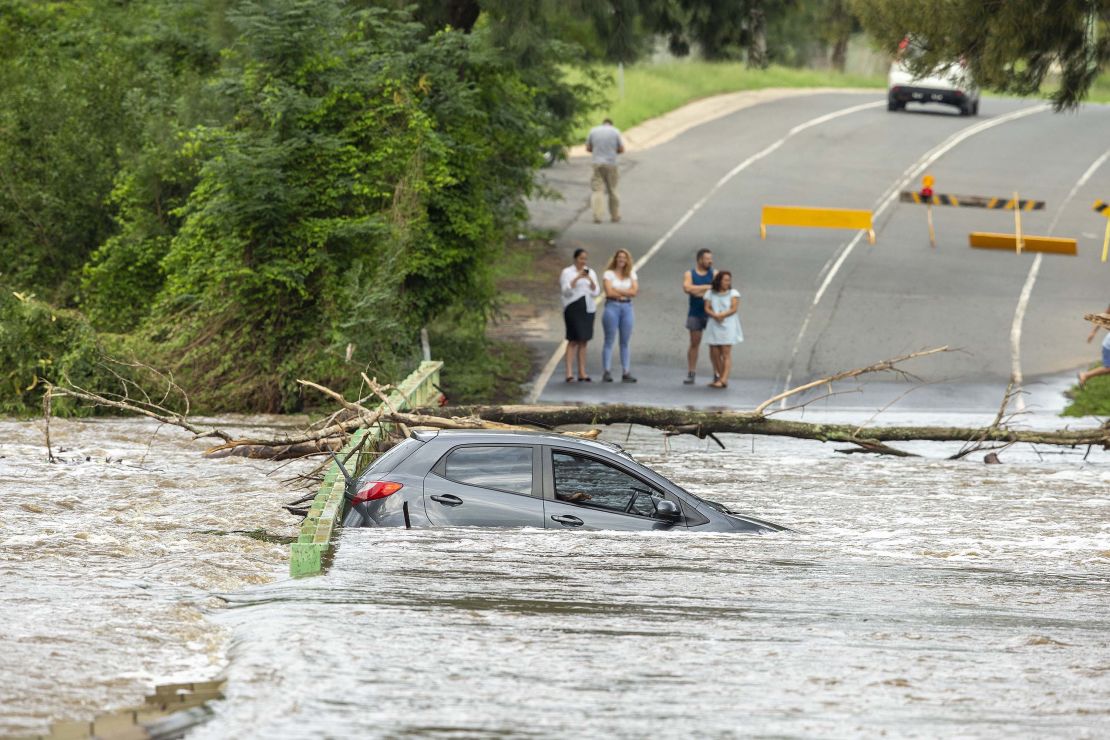 A submerged car is seen on a bridge over the Nepean River at Cobbitty on February 10, 2020 in Sydney, Australia.