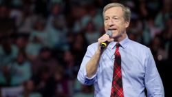 Democratic presidential candidate businessman Tom Steyer speaks during the McIntyre-Shaheen 100 Club Dinner, Saturday, Feb. 8, 2020, in Manchester, New Hampshire.