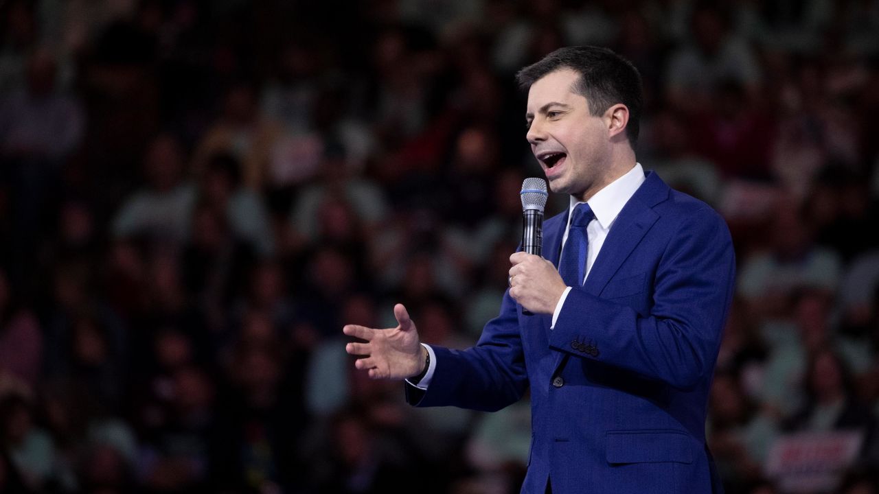 Buttigieg speaks during the McIntyre-Shaheen 100 Club Dinner, Saturday, Feb. 8, 2020, in Manchester, New Hampshire.