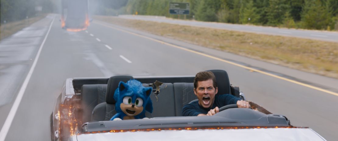 Sonic (Ben Schwartz) and James Marsden in 'Sonic the Hedgehog.' (Courtesy Paramount Pictures and Sega of America.)