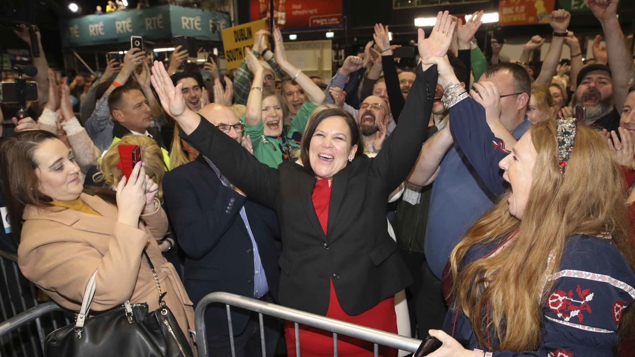 Sinn Fein leader Mary Lou McDonald celebrates with supporters after topping the poll in Dublin central at the RDS count centre in Dublin, Ireland, Sunday, Feb. 9, 2020. (AP Photo/Peter Morrison)