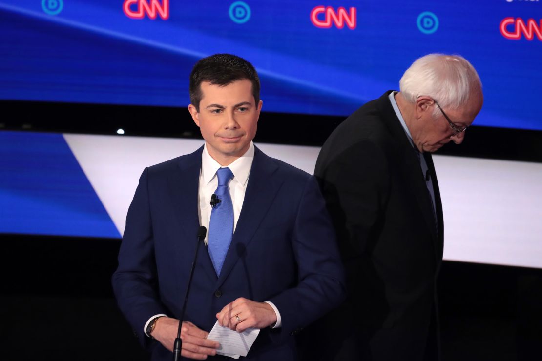 Pete Buttigieg and Sanders take a break during the Democratic presidential primary debate at Drake University on January 14, 2020 in Des Moines, Iowa.  