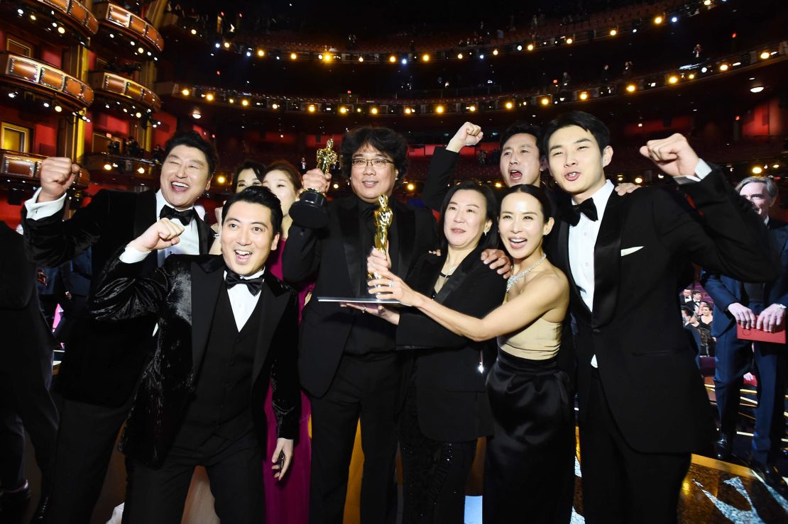 Cast and crew of "Parasite" at the Oscars on February 9, 2020 in Hollywood, California.