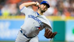 HOUSTON, TX - AUGUST 04: Toronto Blue Jays starting pitcher Mike Bolsinger (49) delivers the pitch in the fourth inning of a MLB game between the Houston Astros and the Toronto Blue Jays at Minute Maid Park, Friday, August 4, 2017. Houston Astros  defeated Toronto Blue Jays 16-7. (Photo by Juan DeLeon/Icon Sportswire via Getty Images)
