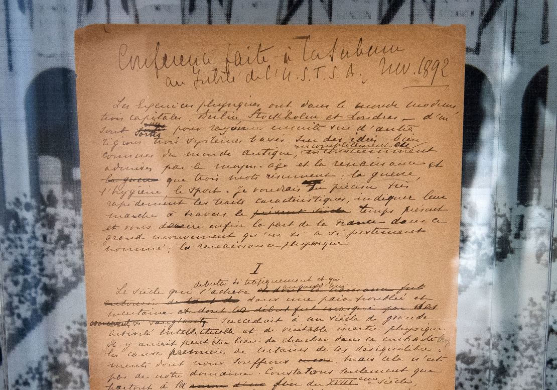 The original Olympic Games manifesto, written in 1892 by Pierre de Coubertin, on public display at Sotheby's in Century City, California, on October 23, 2019. 
