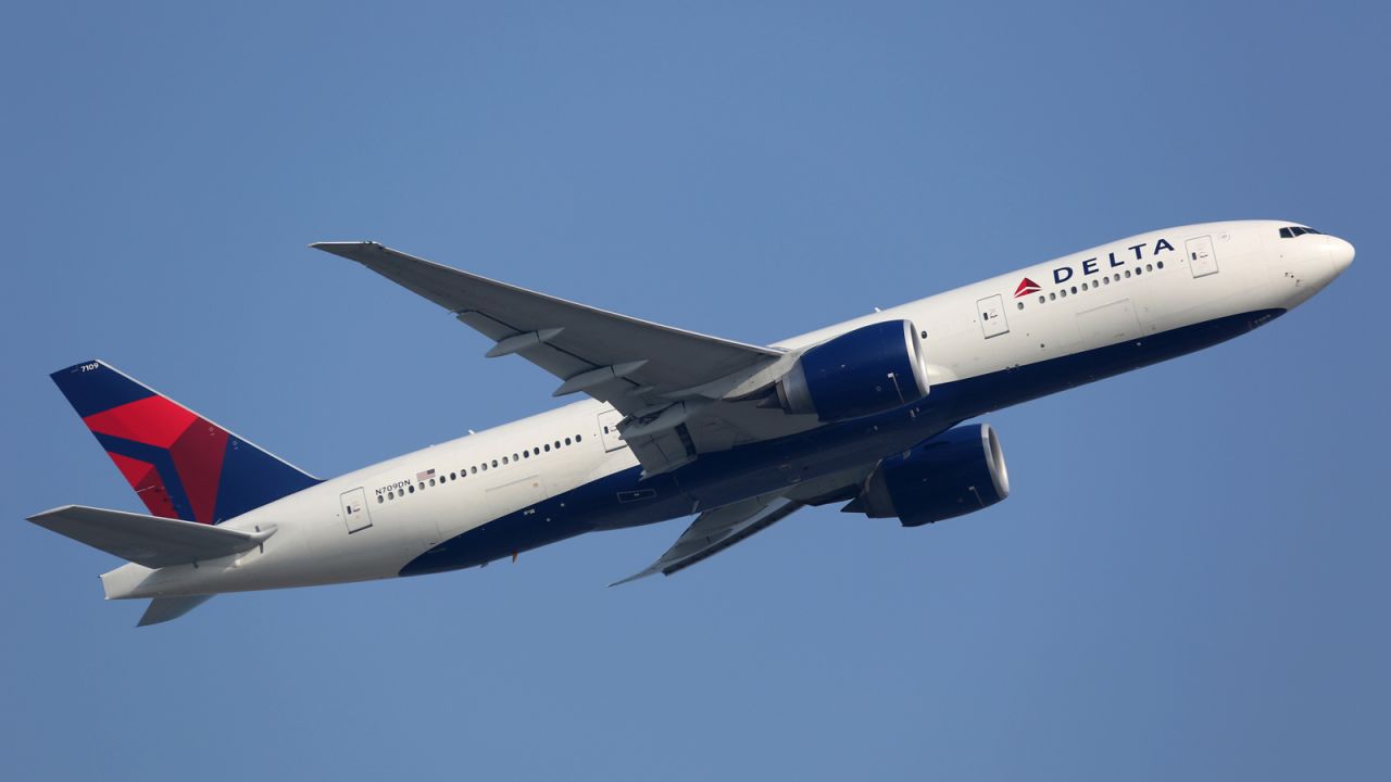 A side view of a Delta Air Lines jet.