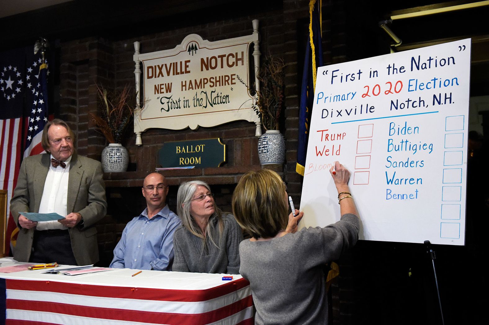 Coralie Stepanian marks a Republican write-in vote for Democratic candidate Michael Bloomberg during a midnight vote in Dixville Notch, New Hampshire. Dixville Notch is one the first places to declare primary results because voters cast ballots so early.