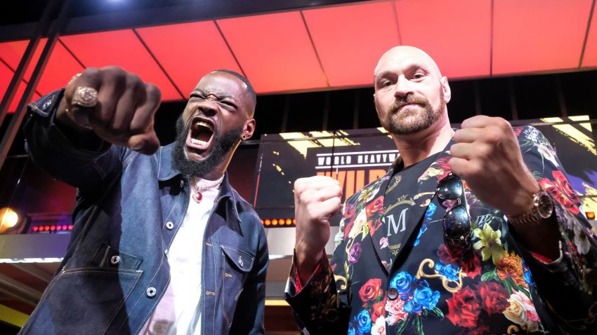 Boxers Deontay Wilder (L) and Tyson Fury (R) face-off during a press conference in Los Angeles, California on January 25, 2020, ahead of their re-match fight in Las Vegas on February 22. (Photo by RINGO CHIU / AFP) (Photo by RINGO CHIU/AFP via Getty Images)