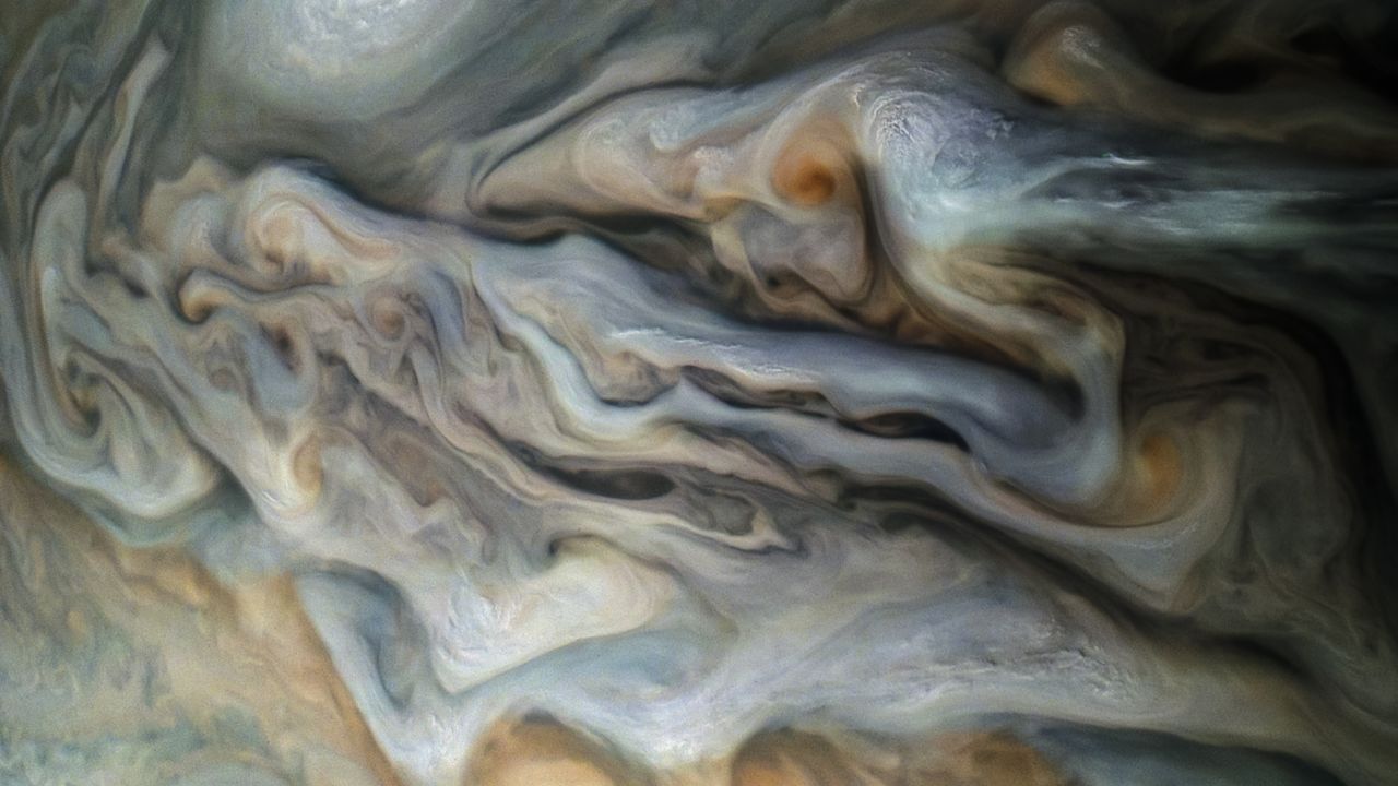 A view of the upper clouds of Jupiter taken by JunoCam on perijove 16 of the Juno mission.