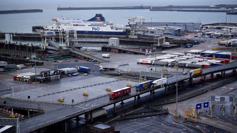 Commercial trucks arrive and leave the port of Dover.