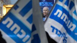 An image of Israeli PM Benjamin Netanyahu seen during the Likud Party election rally in Jerusalem's Mahane Yehuda Market.