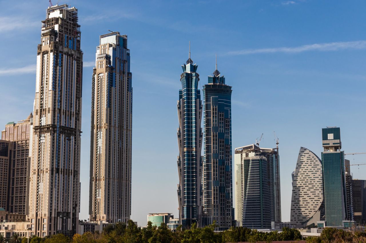 The JW Marriott Marquis Dubai towers (center) both rise to 355 meters.