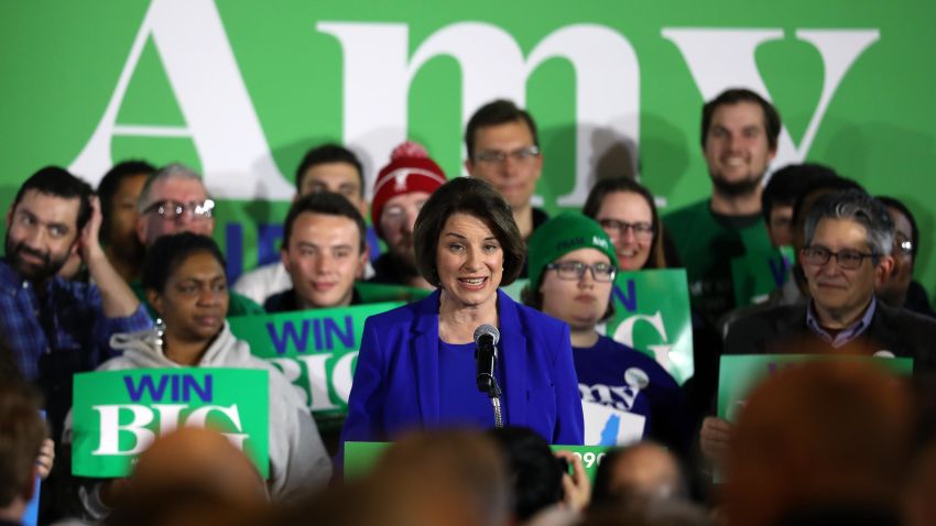 Democratic presidential candidate Sen. Amy Klobuchar (D-MN) speaks on stage during a primary night event at the Grappone Conference Center on February 11, 2020 in Concord, New Hampshire.