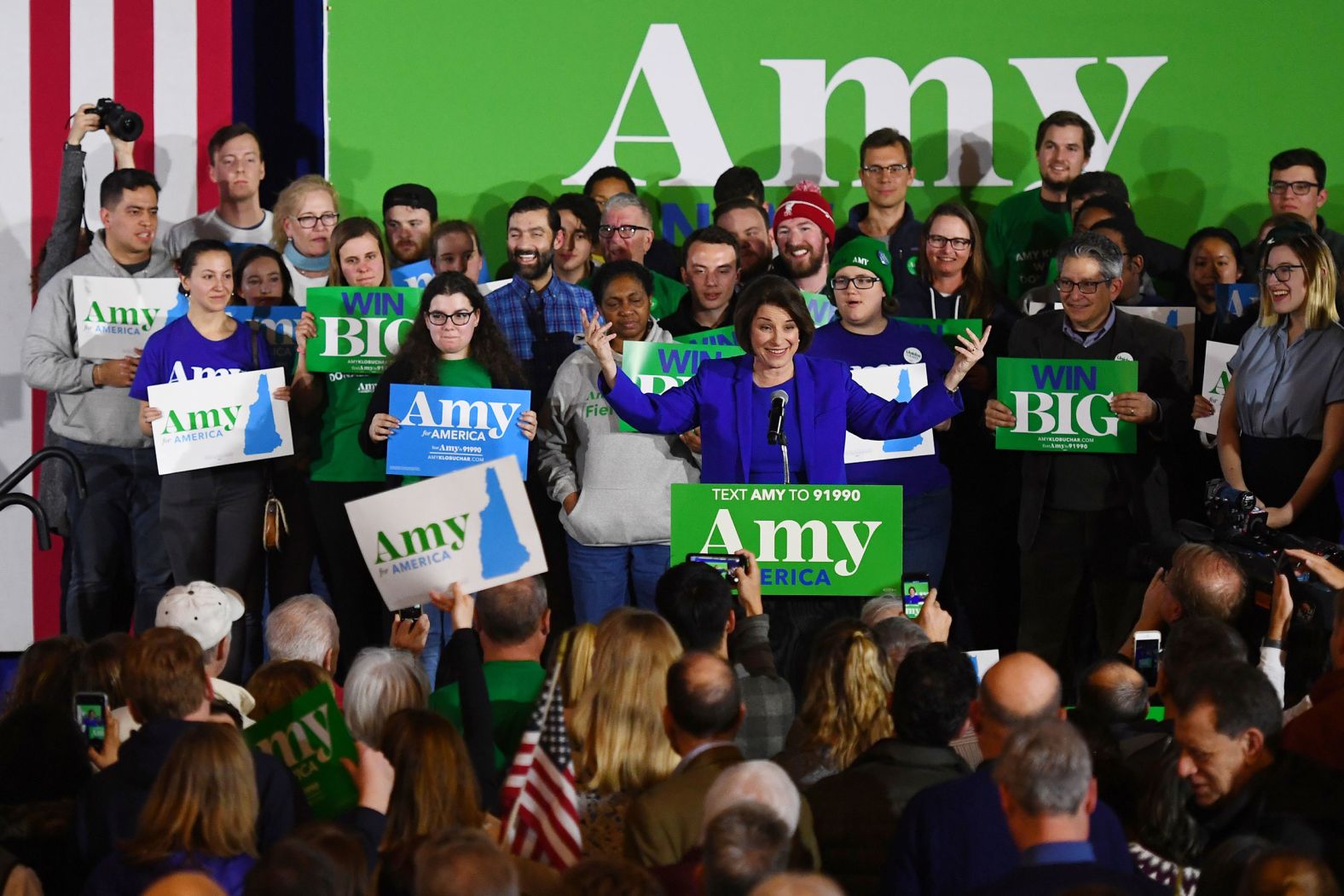 US Sen. Amy Klobuchar speaks at her rally in Concord, New Hampshire. "While there are still ballots left to count, we have beaten the odds every step of the way," <a href="index.php?page=&url=https%3A%2F%2Fwww.cnn.com%2Fpolitics%2Flive-news%2Fnew-hampshire-primary-2020-live-updates%2Fh_14973ca52c3b9da4e8e80c776dc82536" target="_blank">she said.</a> "We have done it on the merits. We have done it with ideas, and we have done it with hard work."