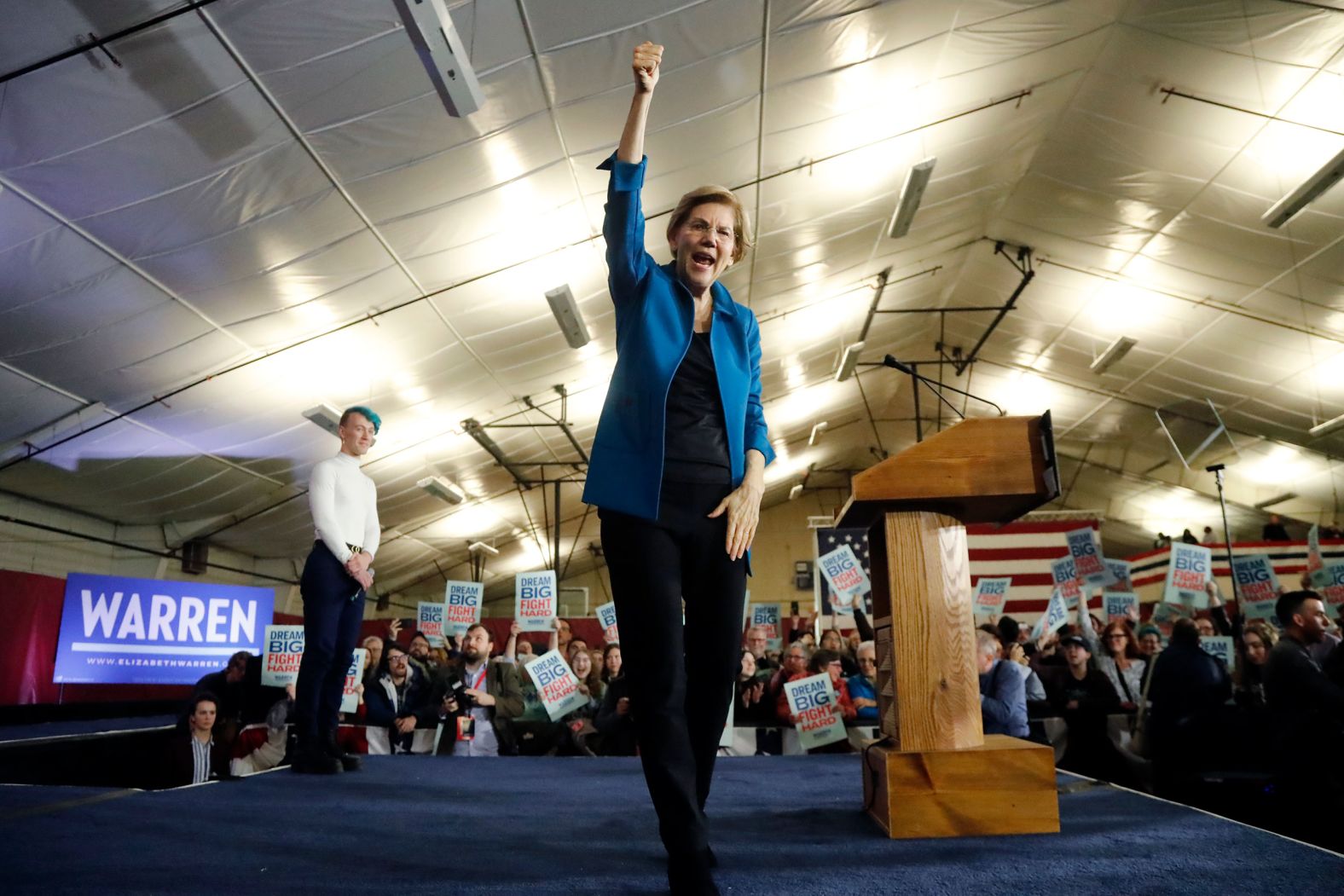 US Sen. Elizabeth Warren acknowledges supporters at her rally in Manchester.