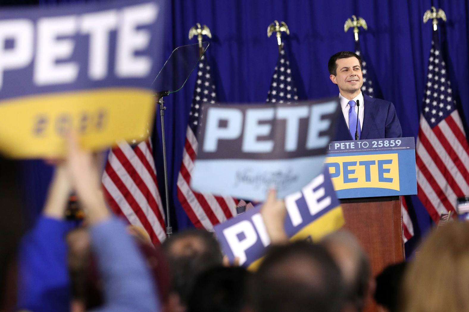 Former South Bend, Indiana, Mayor Pete Buttigieg speaks at his watch party in Nashua, New Hampshire. "I admired Sen. Sanders when I was a high school student. I respect him greatly to this day, and I congratulate him on his strong showing tonight," <a href="index.php?page=&url=https%3A%2F%2Fwww.cnn.com%2Fpolitics%2Flive-news%2Fnew-hampshire-primary-2020-live-updates%2Fh_9b25b53917ca0b64b468fb71bb57f86e" target="_blank">he said in his speech.</a>