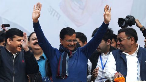 Aam Aadmi Party chief and Chief Minister of Delhi Arvind Kejriwal celebrates after winning the Delhi Assembly elections.