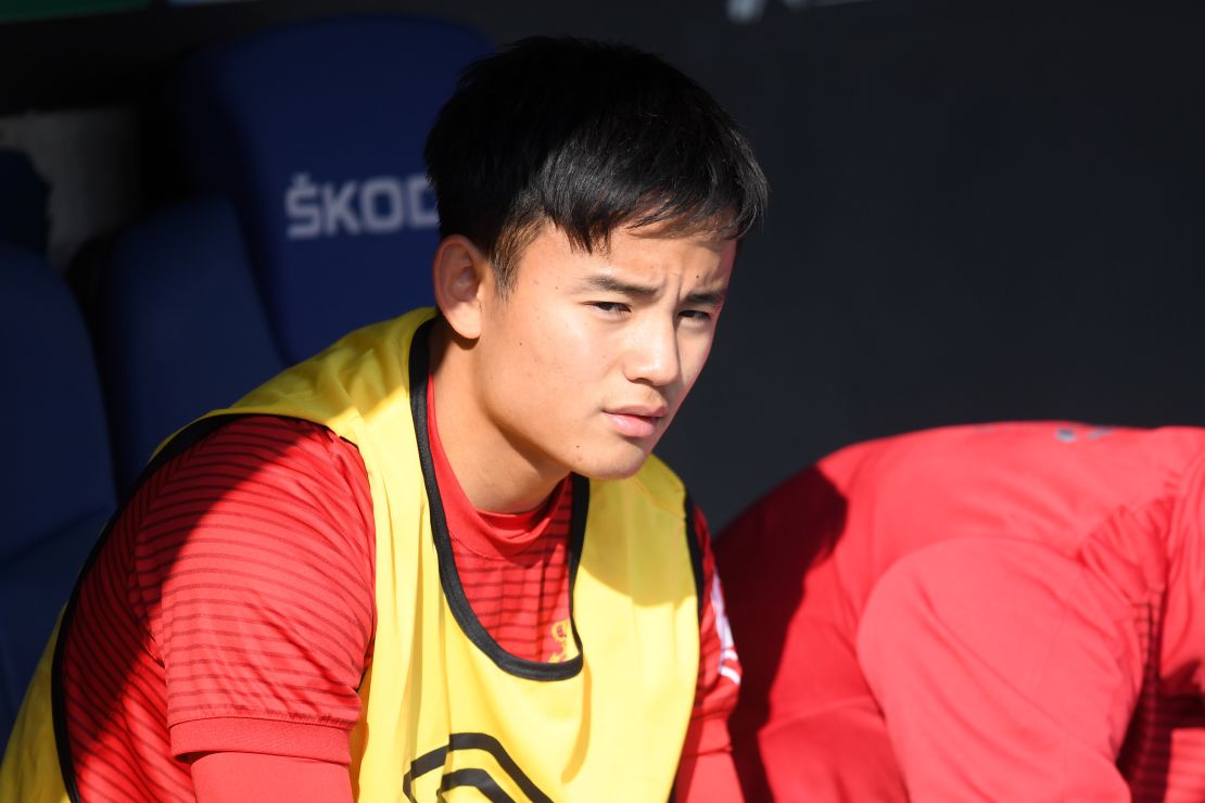 Takefusa Kubo on the Real Mallorca substitute bench during the La Liga match against Espanyol.