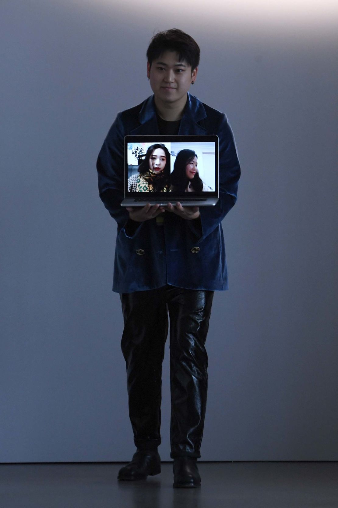 Designers behind Luooif Studio shown via video chat during New York Fashion Week on February 10, 2020 in New York City.