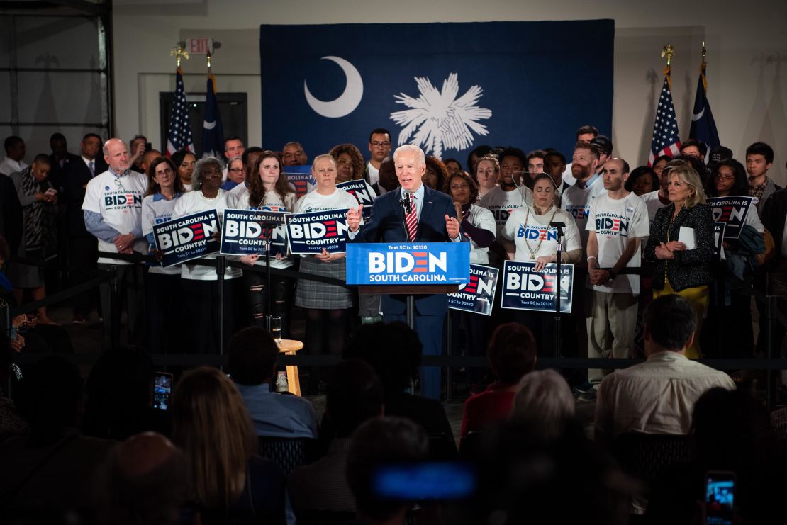 Biden addresses the crowd during a South Carolina campaign launch party on February 11 in Columbia, South Carolina. 