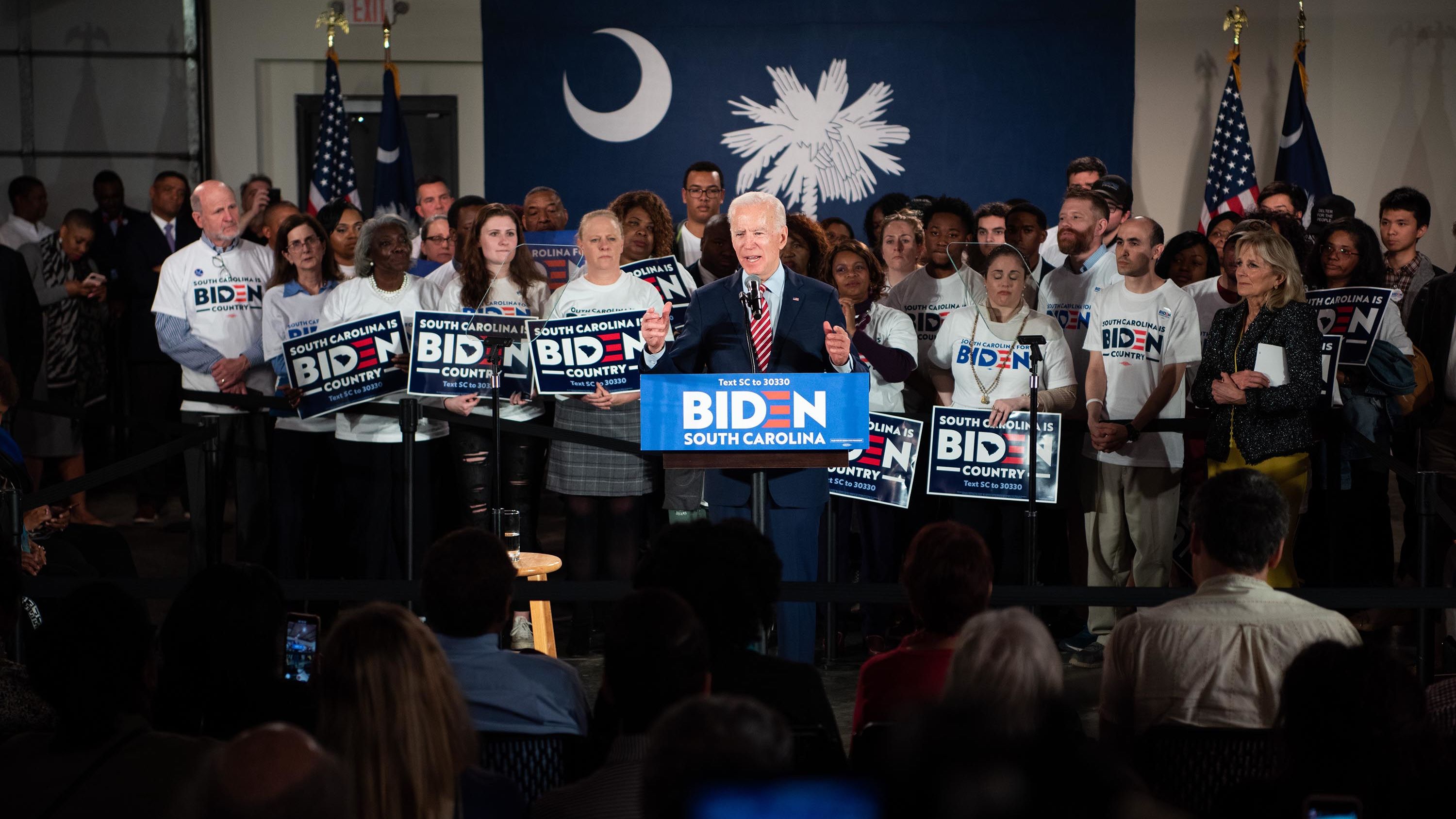 Biden addresses the crowd during a South Carolina campaign launch party on February 11 in Columbia, South Carolina. 