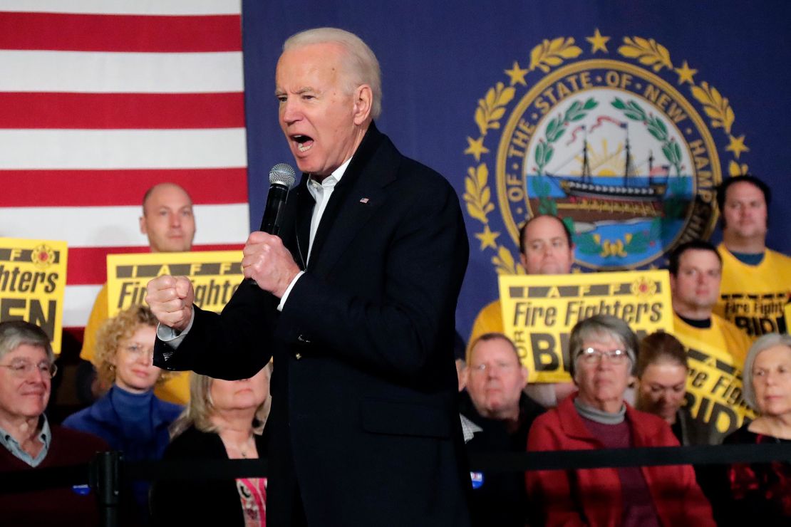 Biden clenches his fist as he speaks at a campaign event, February 5, in Somersworth, New Hampshire.