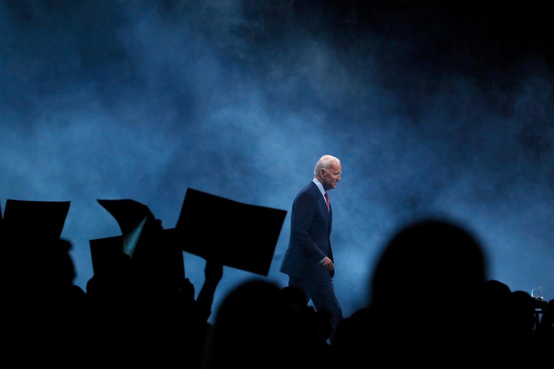Biden walks on stage to speak at the Iowa Democratic Party's Liberty and Justice Celebration, November 2019, in Des Moines, Iowa. 