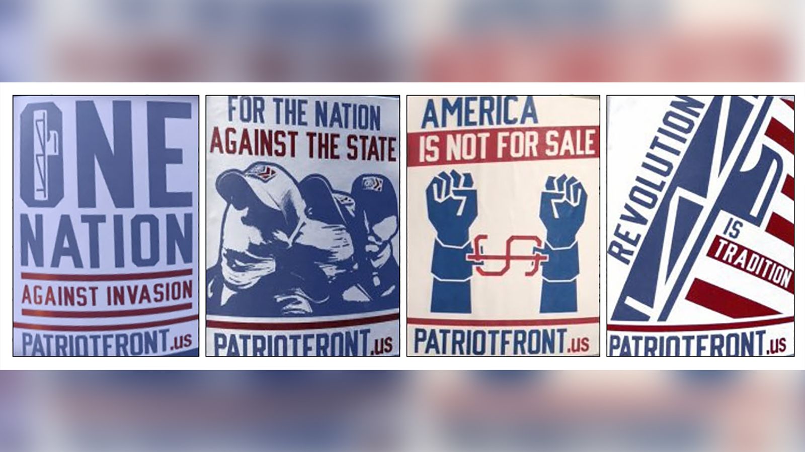 The ADL says the Patriot Front group uses a red, white and blue color scheme to promote its white supremacist ideology.