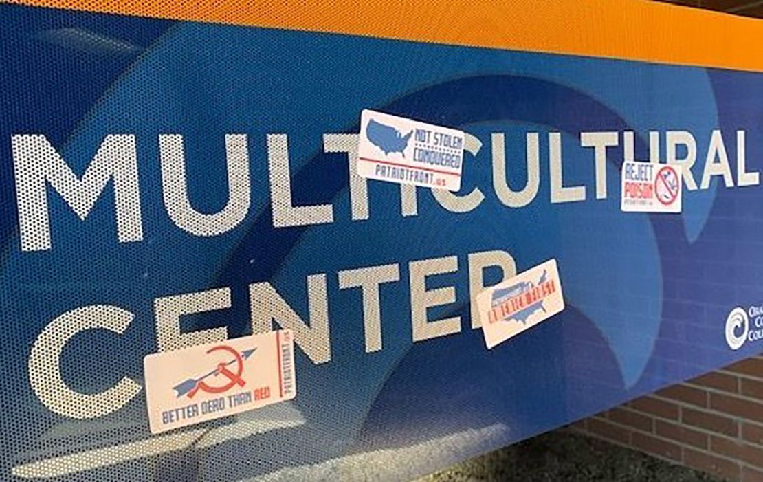 Stickers with white supremacist slogans were plastered at Orange Coast College in Costa Mesa, California, in the fall semester, the ADL says.