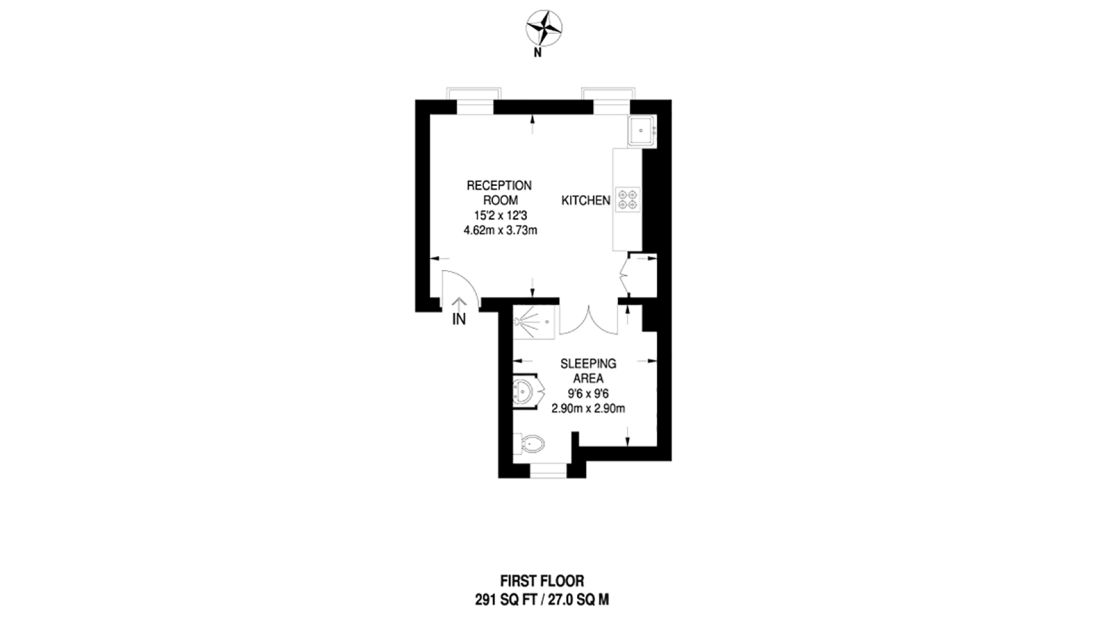 The floor plan of a 27 square meter flat advertised in Camden, London, shows the sleeping area in the washroom.  