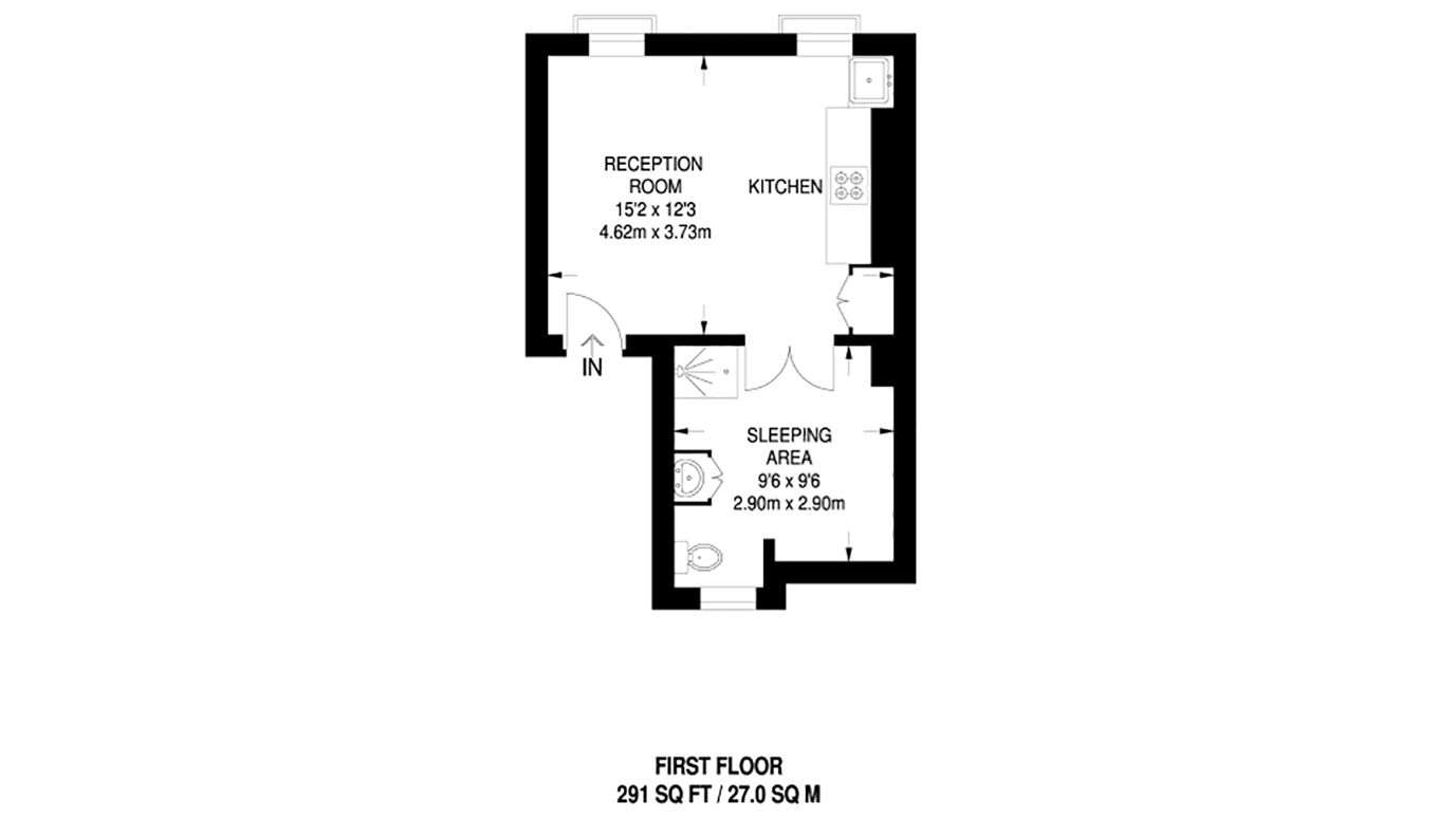 The floor plan of a 27 square meter flat advertised in Camden, London, shows the sleeping area in the washroom.  