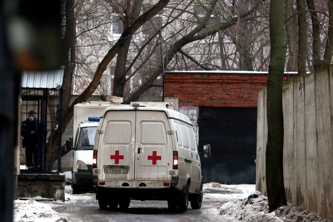 An ambulance at Moscow's Chertanovsky District Court, where Viktor Sviridov died by suicide.