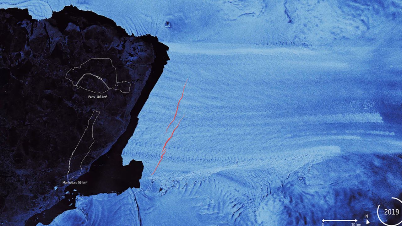 Using radar images from the Copernicus Sentinel-1 mission, the animation shows the evolution of the two emerging cracks in the Pine Island Glacier. The areas of Paris and Manhattan are used to show the scale of the glacier's cracks. The Copernicus Sentinel-1 mission carries radar, which can return images regardless of day or night and allows for year-round viewing.