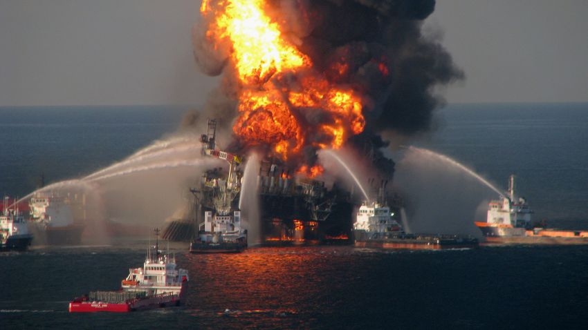 In this handout image provided be the U.S. Coast Guard, fire boat response crews battle the blazing remnants of the off shore oil rig Deepwater Horizon in the Gulf of Mexico on April 21, 2010 near New Orleans, Louisiana.  An estimated leak of 1,000 barrels of oil a day are still leaking into the gulf. Multiple Coast Guard helicopters, planes and cutters responded to rescue the Deepwater Horizon's 126 person crew.