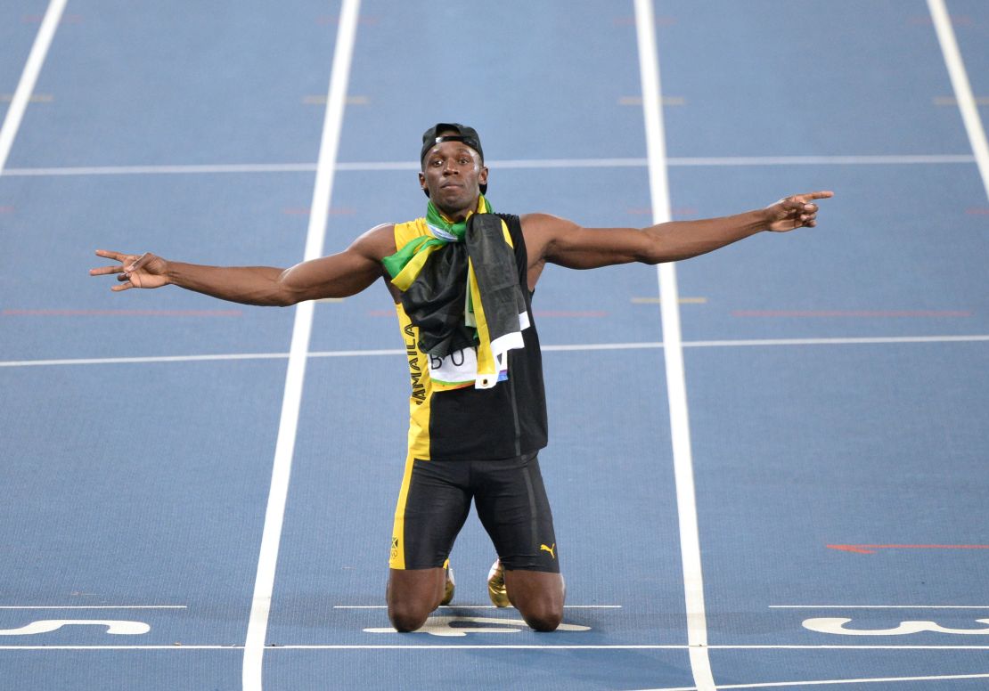 Usain Bolt celebrates winning gold in the 4x100m relay at the Rio Olympics.