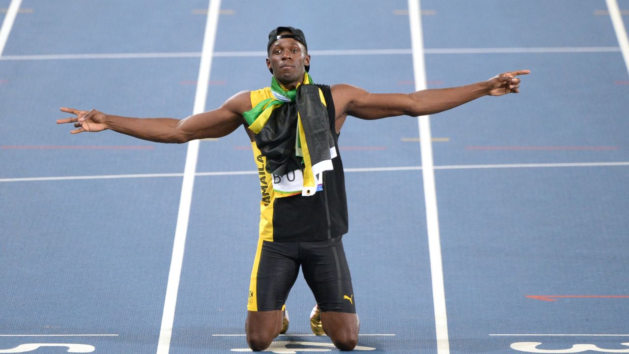 Usain Bolt celebrates winning gold in the 4x100m relay at the Rio Olympics.