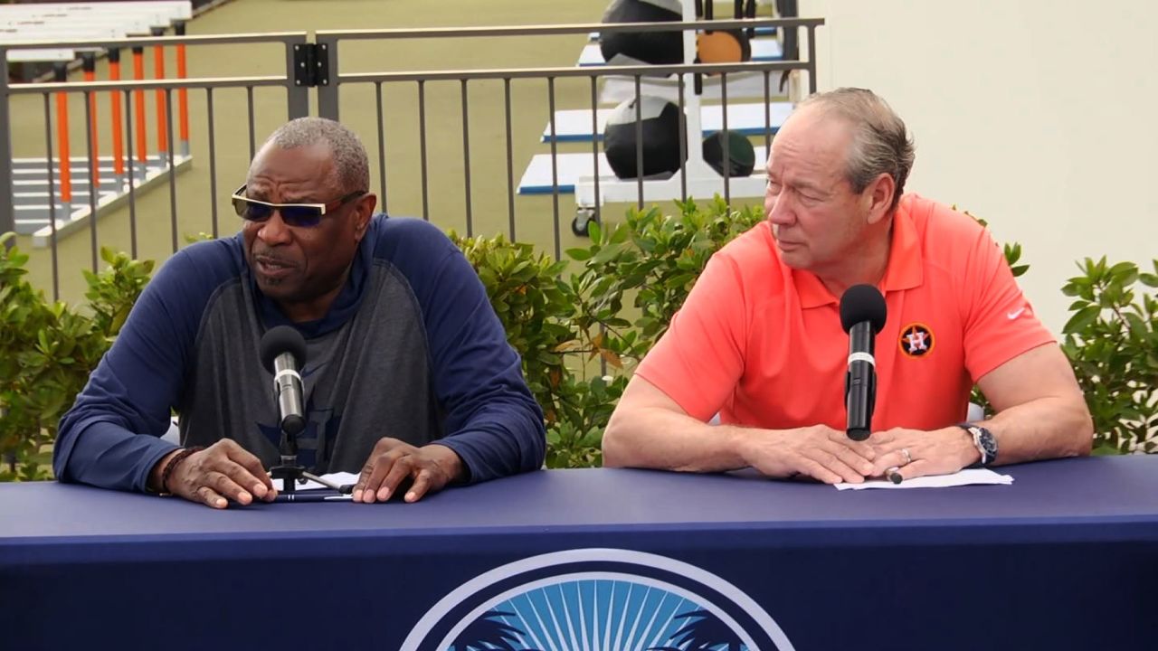 The Houston Astros' new manager, Dusty Baker, and team owner Jim Crane talk to reporters on Thursday in West Palm Beach, Florida.