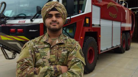 Airman 1st Class Jaspreet Singh wears his newly approved US Air Force turban at Joint Base McGuire-Dix-Lakehurst in New Jersey in December 2019.