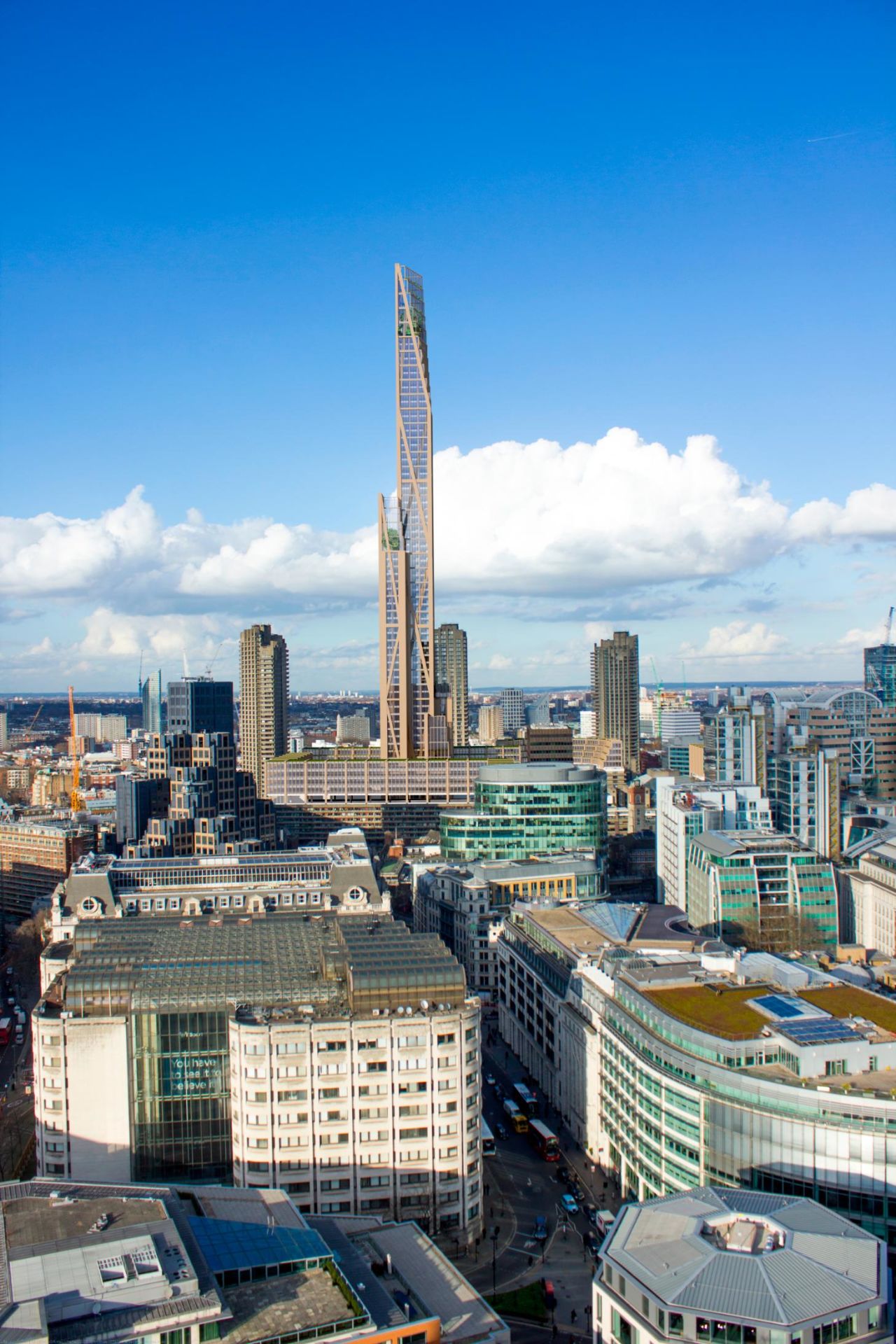 A digital rendering of PLP Architecture's bold proposal for a 984-foot-tall tower in the heart of London.