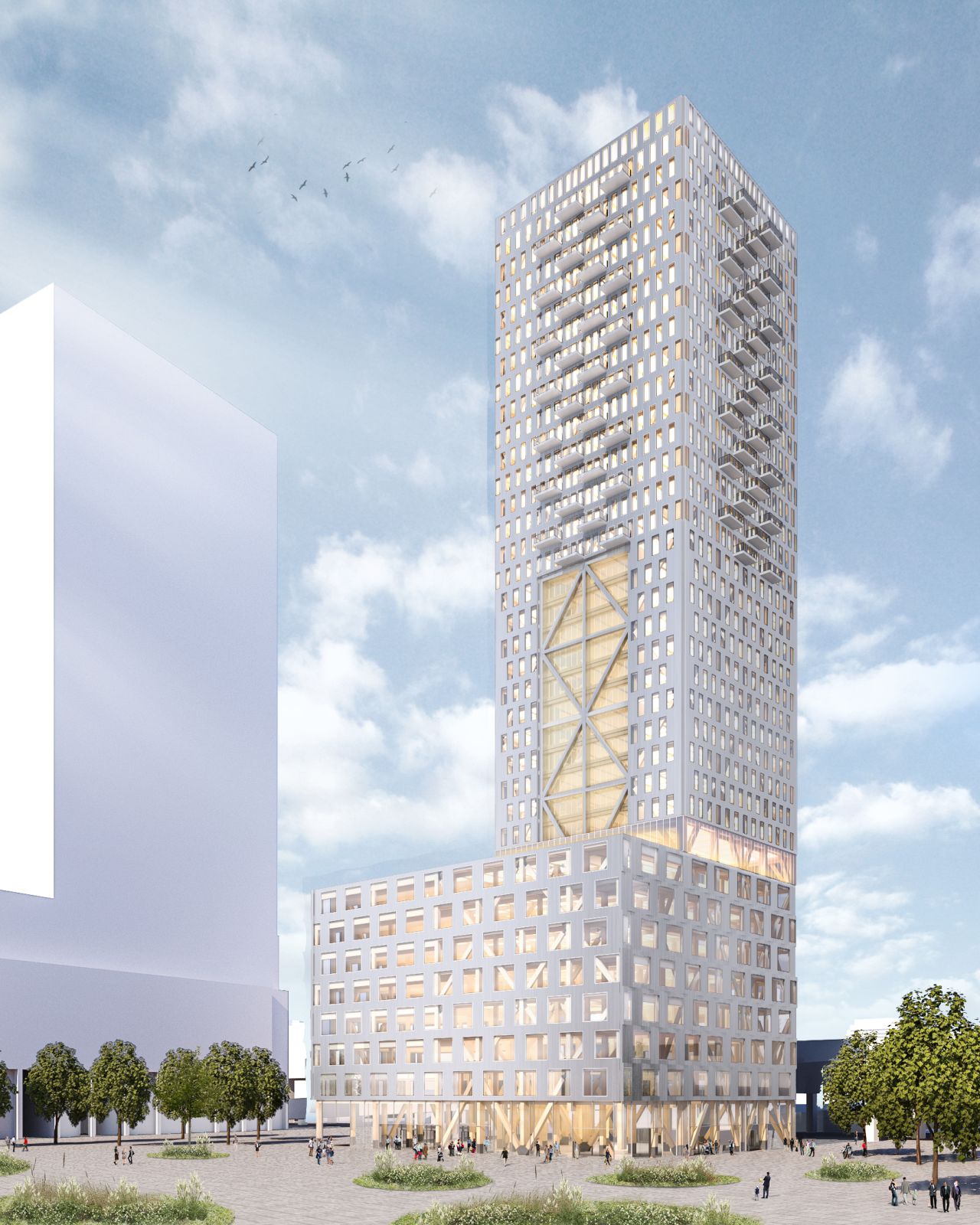 A digital visualization of a 35-story prototype timber building, Proto-Model X, developed by Michael Green Architecture and Sidewalk Labs.