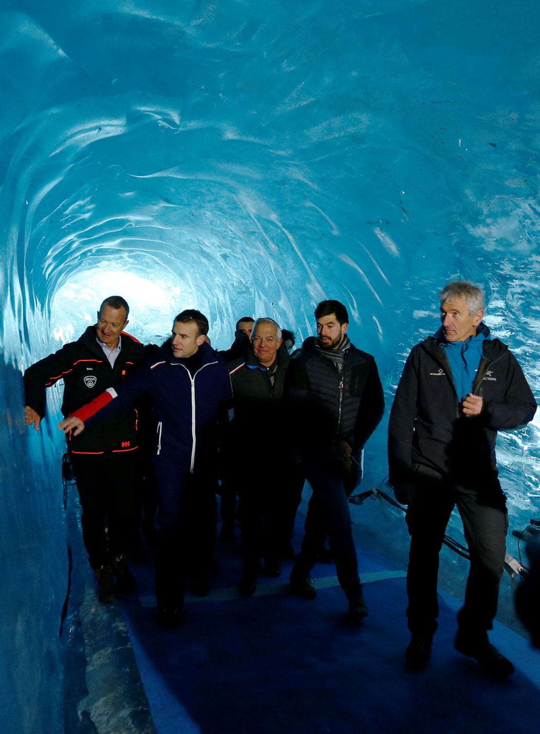 French president Emmanuel Macron visits the Mer de Glace glacier near Chamonix, France in the French Alps.